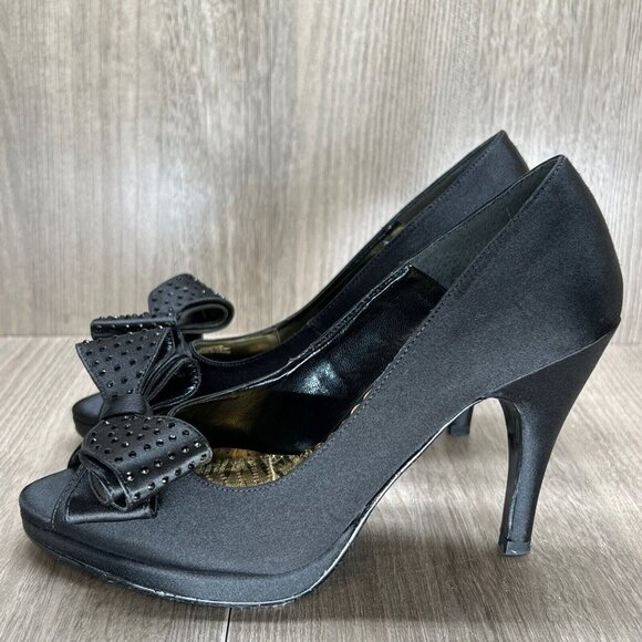 J.Renee Shoes Womens Sz 7 Gabriele Peep Toe High Heel Platform Pumps Satin Black - Picture 3 of 8